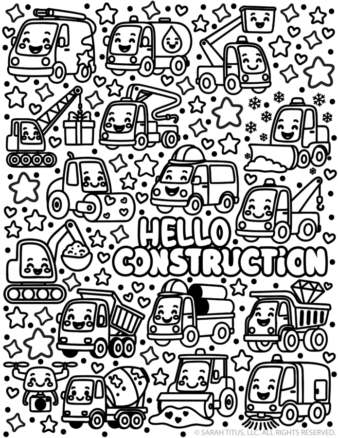 Hello Construction coloring page with cute construction vehicles including crane, dump truck, cement mixer, excavator, and bulldozer doodles.
