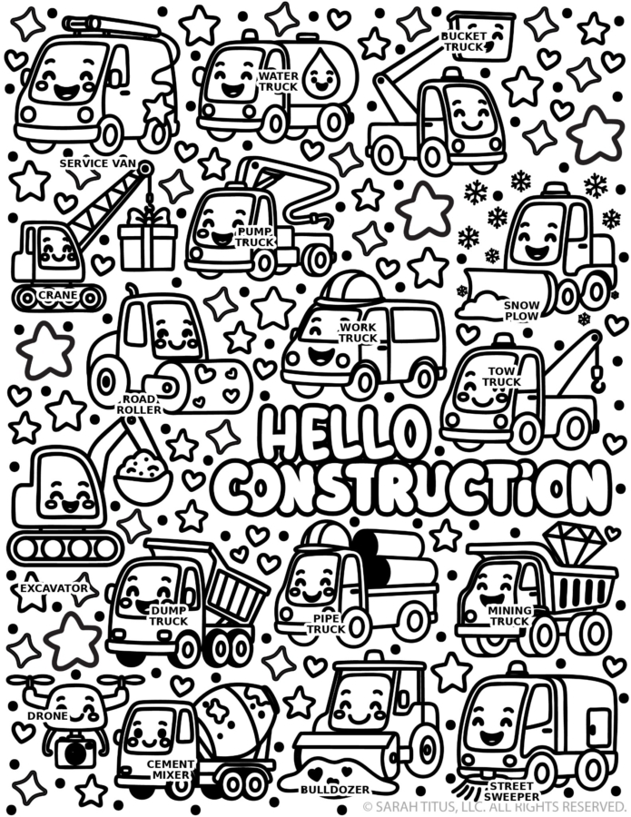 Free printable Hello Construction coloring page with labeled construction vehicle names placed beside each machine, including service van, water truck, bucket truck, crane, pump truck, snow plow, road roller, work truck, tow truck, excavator, dump truck, pipe truck, mining truck, drone, cement mixer, bulldozer, and street sweeper