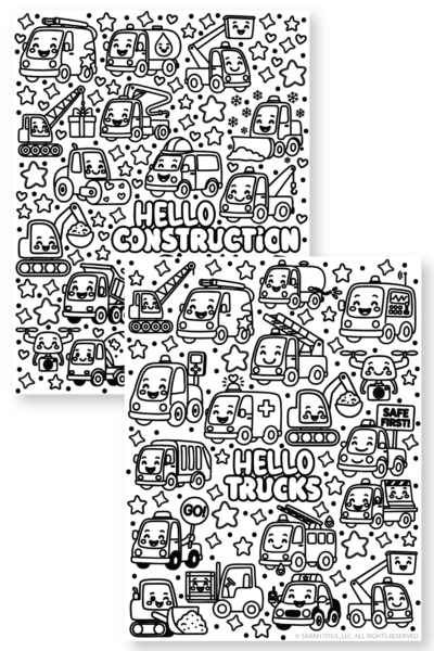 Hello Construction and Hello Trucks coloring pages with cute construction vehicles, service trucks, and cartoon work trucks for kids to color.