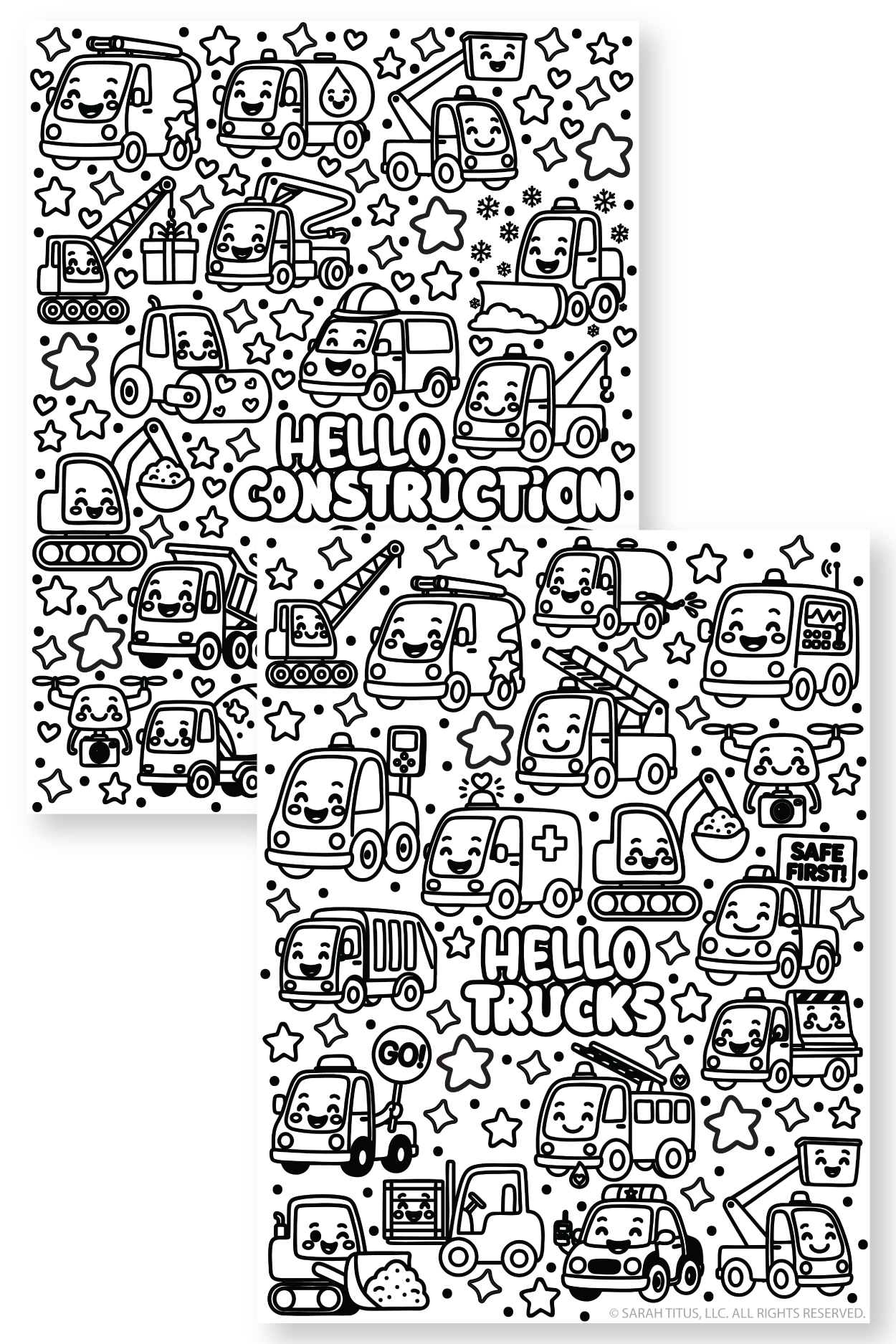 Hello Construction and Hello Trucks coloring pages with cute construction vehicles, service trucks, and cartoon work trucks for kids to color.