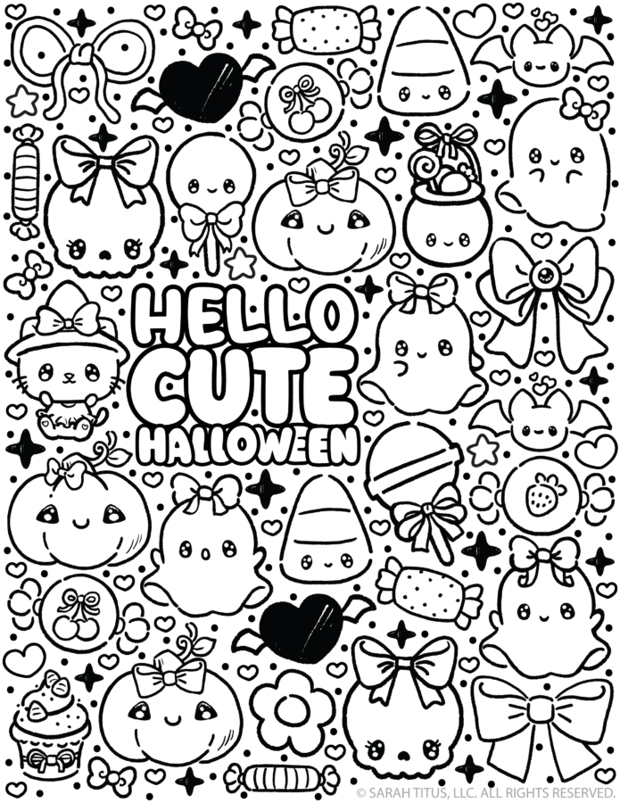A cute black and white printable coloring page filled with kawaii Halloween elements like smiling pumpkins, friendly ghosts with bows, and wrapped candies surrounding the text Hello Cute Halloween.