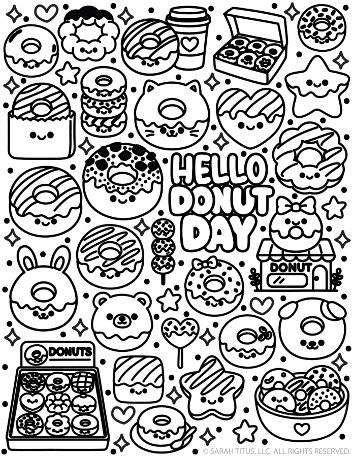 Hello Donut Day coloring page with cute donuts, coffee cup, and donut shop.