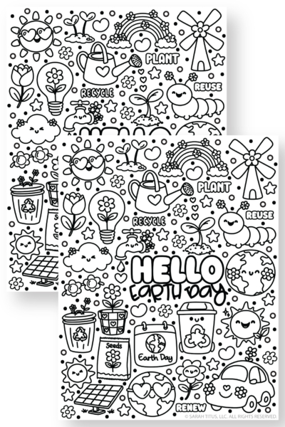 Earth Day coloring sheet with recycle reuse renew symbols, plants, solar panel, and cute earth illustration.