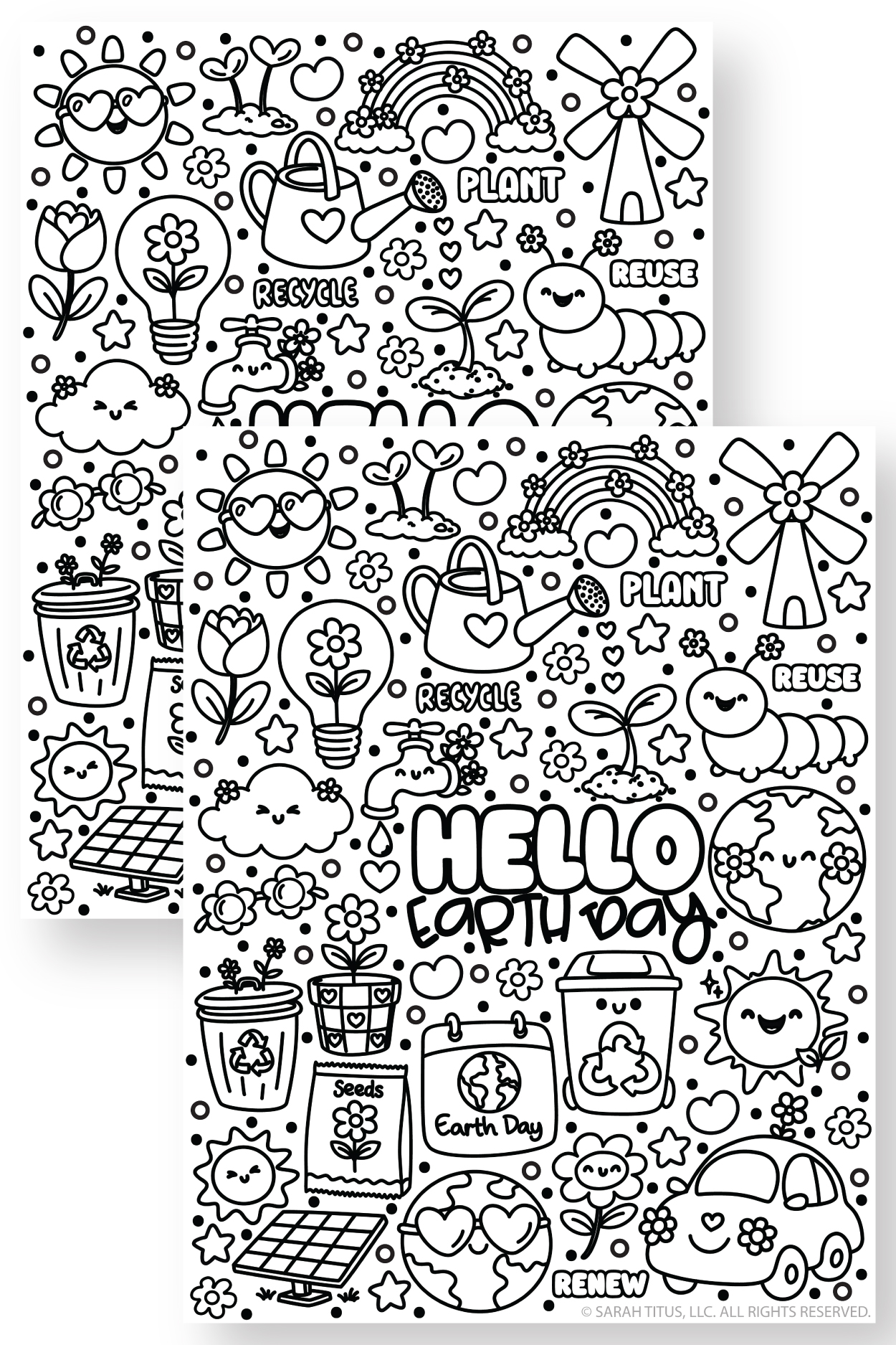 Earth Day coloring sheet with recycle reuse renew symbols, plants, solar panel, and cute earth illustration.