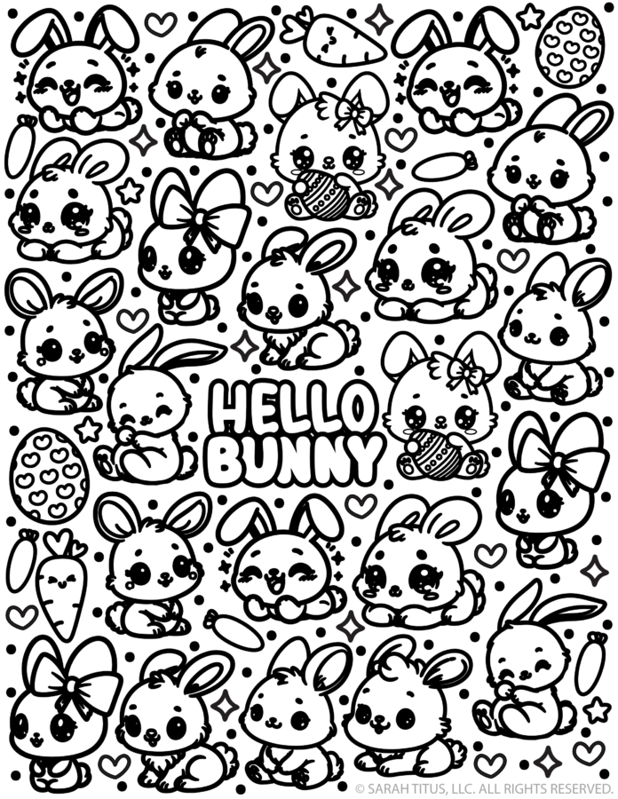 Hello Bunny Easter coloring page many cute rabbits and Easter eggs.