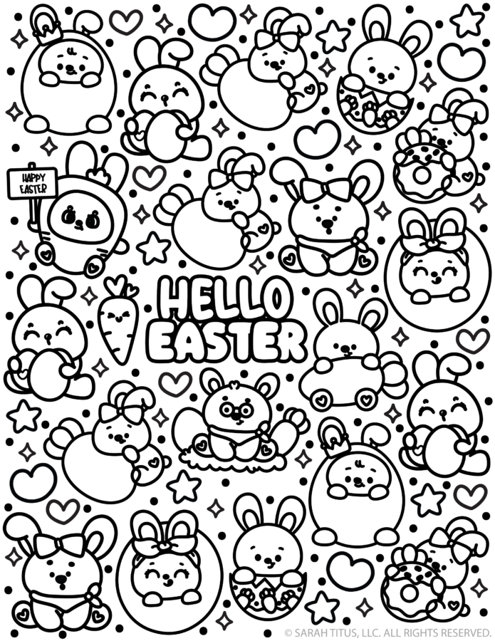 Hello Easter coloring page with cute bunnies, eggs, carrot, and hearts.