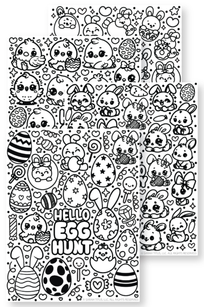 Collage of four cute Easter coloring pages featuring bunnies, chicks, eggs, and egg hunt designs for kids.