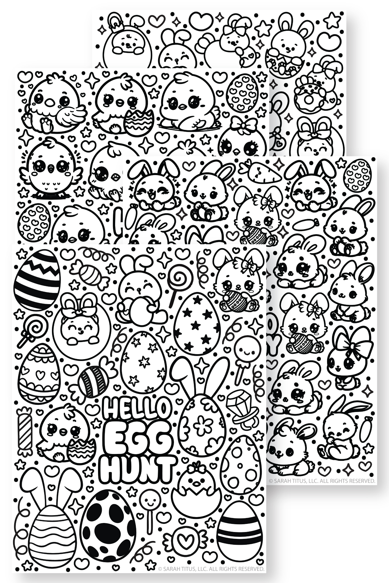 Collage of four cute Easter coloring pages featuring bunnies, chicks, eggs, and egg hunt designs for kids.