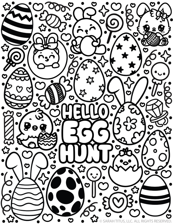 Hello Egg Hunt Easter coloring page with bunnies, chicks, candy, and patterned eggs.