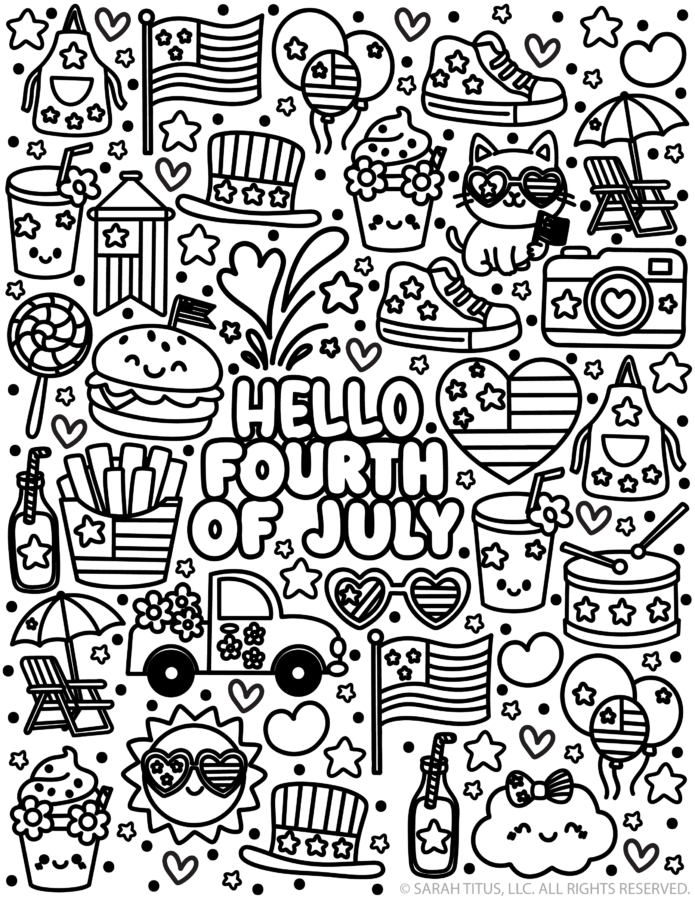 Hello Fourth of July coloring page with American flags, stars, balloons, and patriotic doodles.