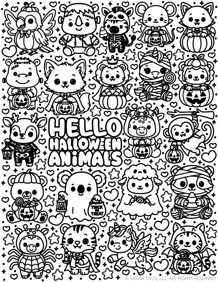 A cute black and white printable coloring page featuring adorable animals in Halloween costumes like a mummy, vampire, and Frankenstein surrounding the text Hello Halloween Animals.