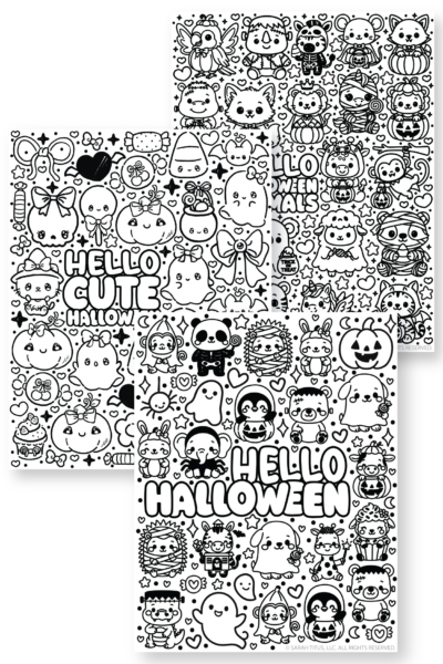 A display of three cute black and white printable Halloween coloring pages featuring kawaii style ghosts, pumpkins, sweet treats, and animals in festive costumes.