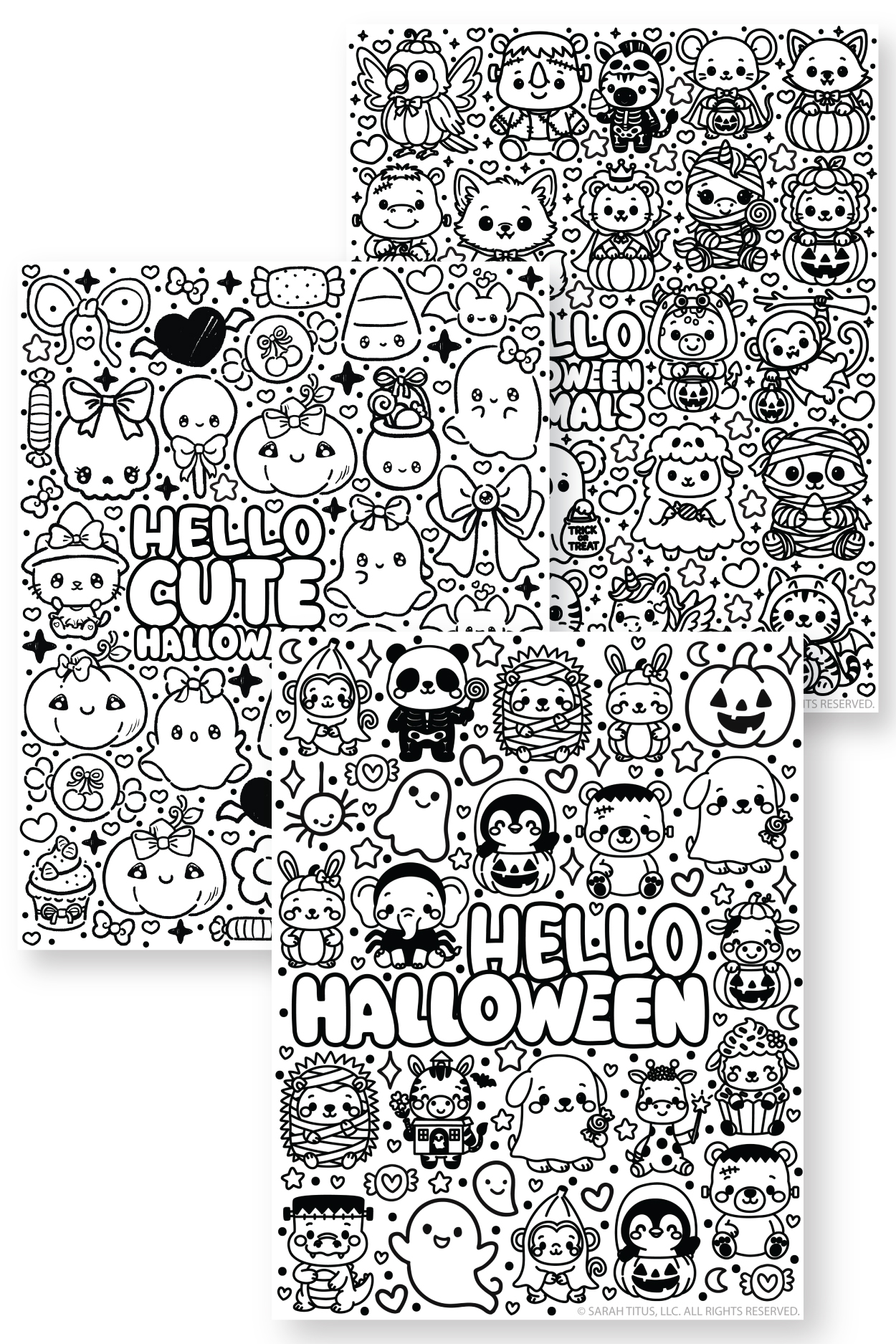 A display of three cute black and white printable Halloween coloring pages featuring kawaii style ghosts, pumpkins, sweet treats, and animals in festive costumes.