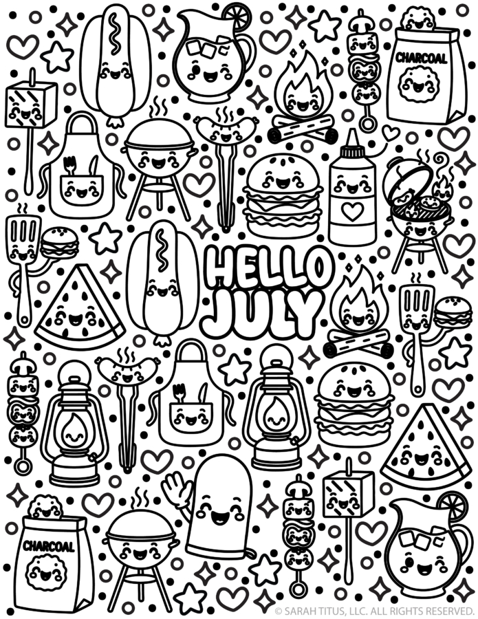 Hello July coloring page with summer BBQ foods like burgers, hot dogs, watermelon, and grill doodles.