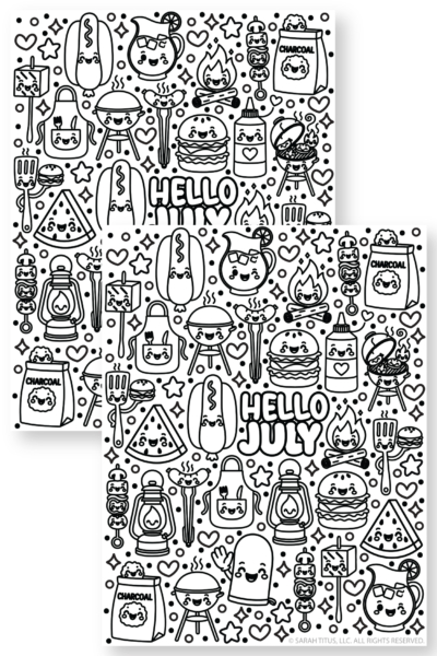 Summer BBQ Hello July coloring page sheet with picnic foods, drinks, grill, campfire, and cute July-themed doodles for kids to color.
