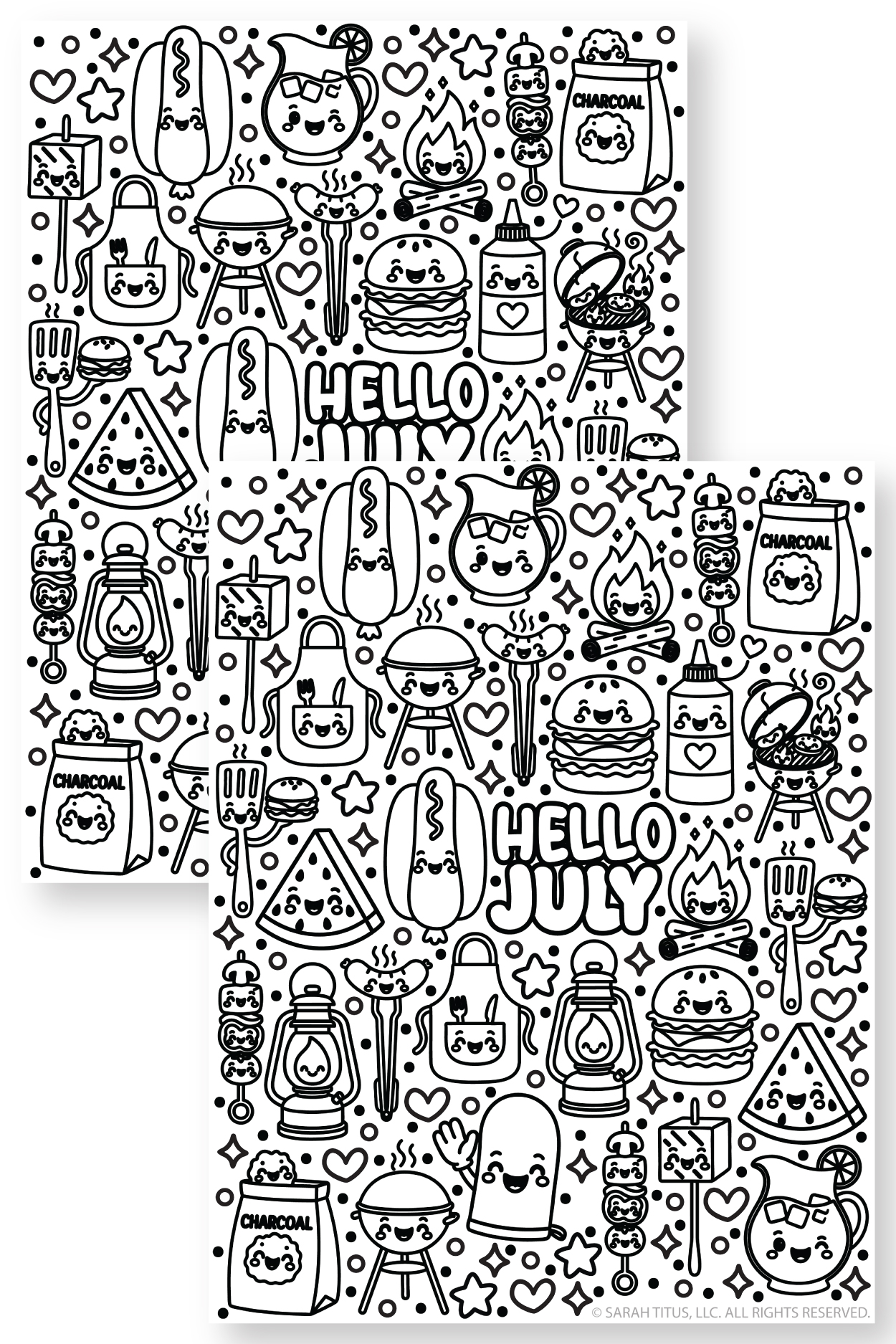 Summer BBQ Hello July coloring page sheet with picnic foods, drinks, grill, campfire, and cute July-themed doodles for kids to color.