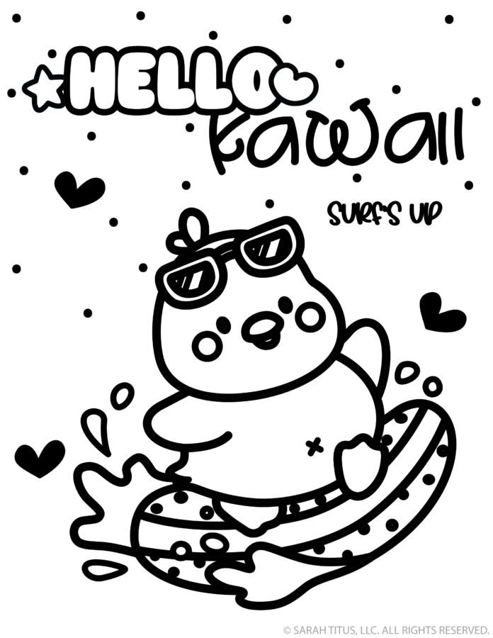 Hello kawaii summer coloring page with a chick in sunglasses riding a polka dot surf board with splash doodles
