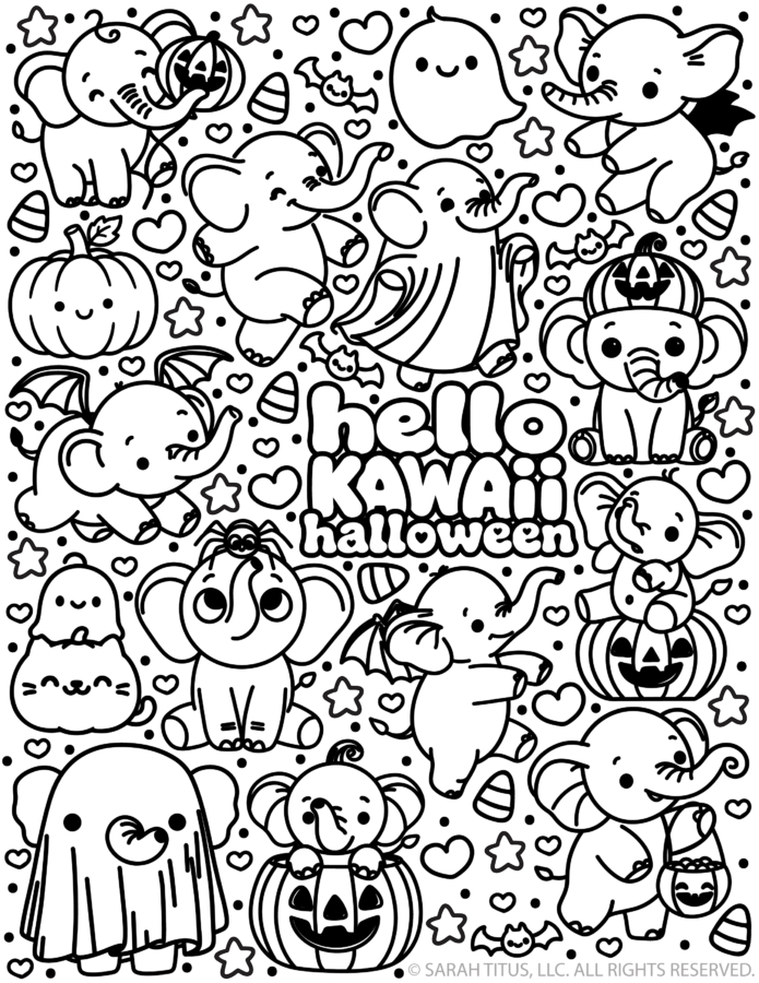 Printable kawaii Halloween coloring page featuring cute elephants in ghost and bat costumes surrounded by pumpkins candy corn bats and stars with text reading hello kawaii halloween