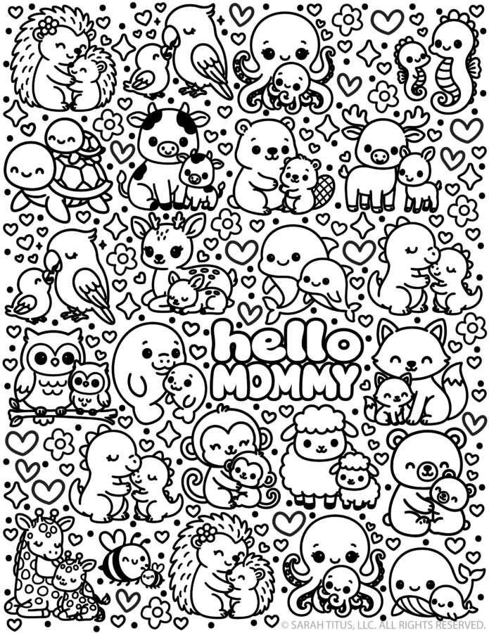 Hello Mommy coloring page with cute mother and baby animals including hedgehogs, turtles, birds, deer, foxes, owls, giraffes, sheep, whales, and more.