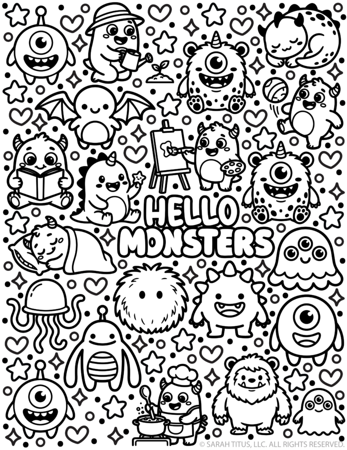 Hello Monsters coloring page with cute friendly monsters including one-eye creatures, furry monsters, and playful cartoon doodles.