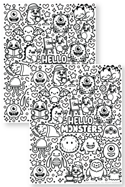 Cute hello monsters coloring page sheet with smiling monsters, horns, wings, and fun fantasy characters for kids to color.