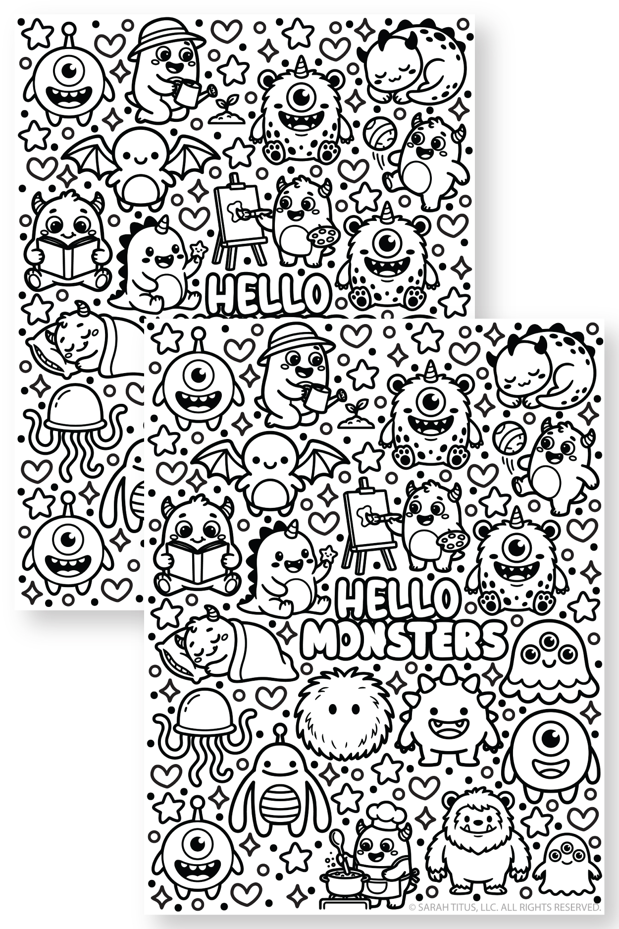 Cute hello monsters coloring page sheet with smiling monsters, horns, wings, and fun fantasy characters for kids to color.
