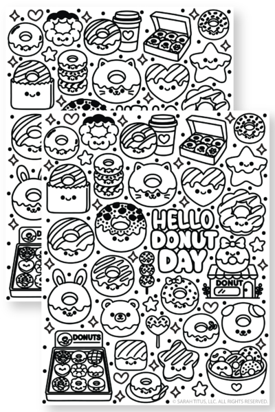 Donut Day coloring sheet with kawaii donuts, donut box, and sweet treats.