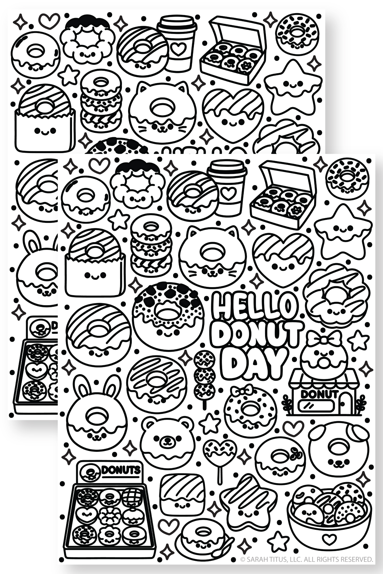 Donut Day coloring sheet with kawaii donuts, donut box, and sweet treats.