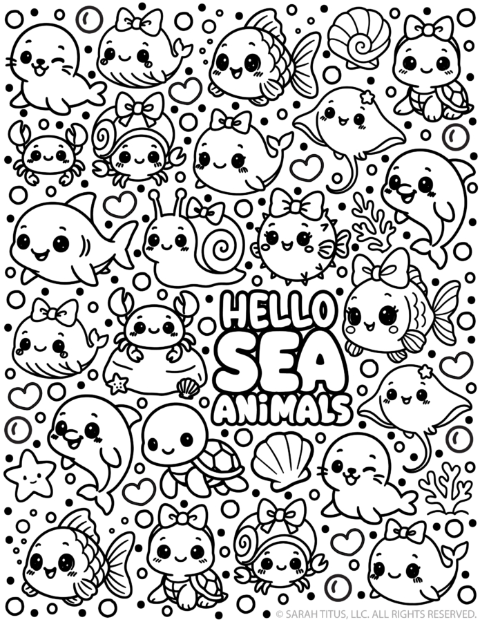 Hello Sea Animals coloring page with cute kawaii ocean animals, whale, dolphin, turtle, crab, shark, stingray, fish, bubbles, shells, and coral.