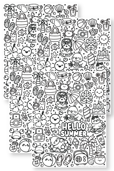 Summer coloring sheet with beach ball, ice cream, sunglasses, sandcastle, and tropical elements.