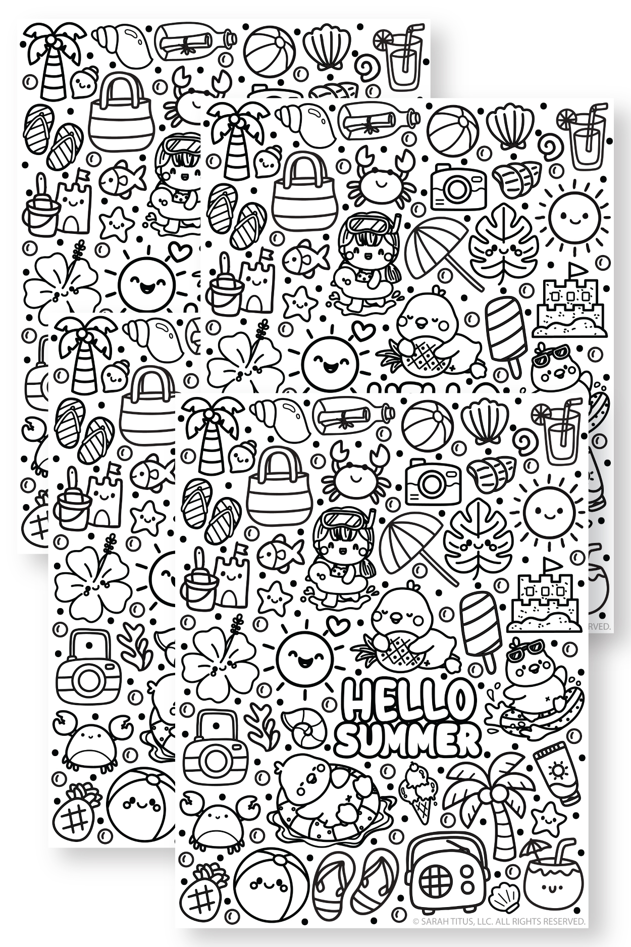Hello Summer Coloring Page (Cute Kawaii Beach Coloring Fun) - Sarah Titus