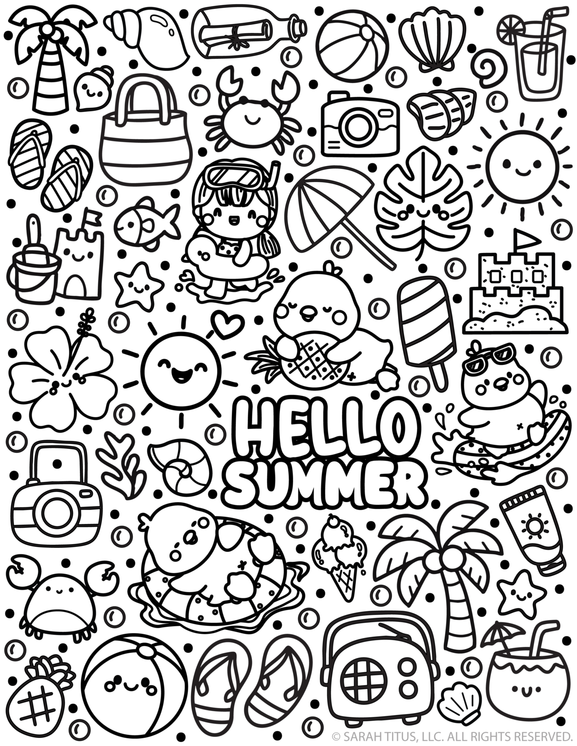 Hello Summer Coloring Page (Cute Kawaii Beach Coloring Fun) - Sarah Titus