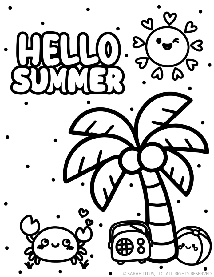 Hello summer coloring page with a palm tree, happy sun, crab, radio, and beach ball