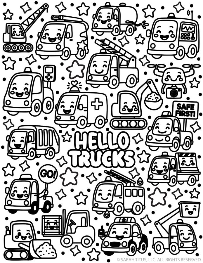Hello Trucks coloring page with smiling trucks including ambulance, garbage truck, fire truck, crane truck, and construction vehicles doodles.