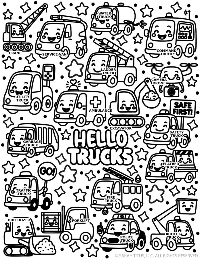 Free printable Hello Trucks coloring page with labeled truck names placed beside each vehicle, including crane, service van, water truck, command truck, utility truck, ladder truck, camera drone, ambulance, excavator, safety truck, garbage truck, traffic truck, fire truck, flatbed truck, bulldozer, forklift, police truck, and bucket truck