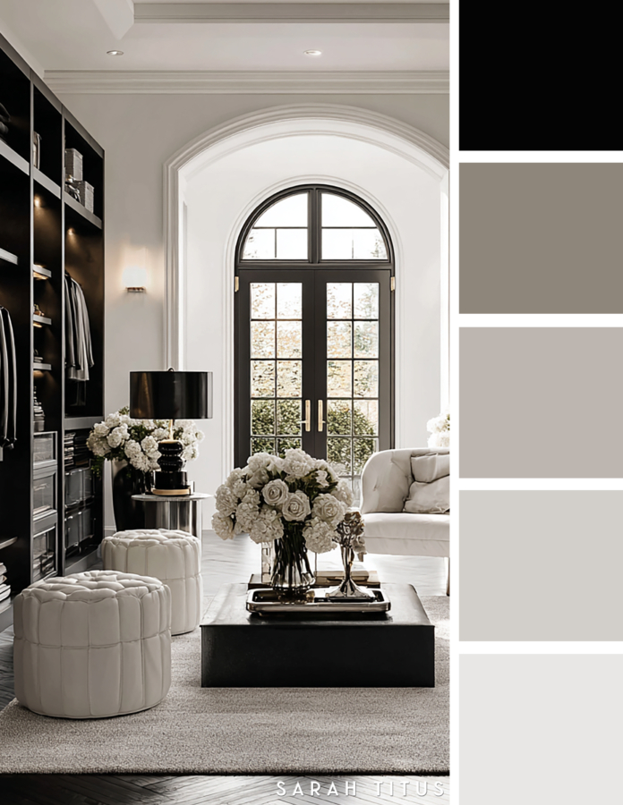 High end black and white closet lounge with dark built in shelving, white ottomans, black coffee table, white armchair, arched glass doors, and white floral decor in a luxe neutral palette.