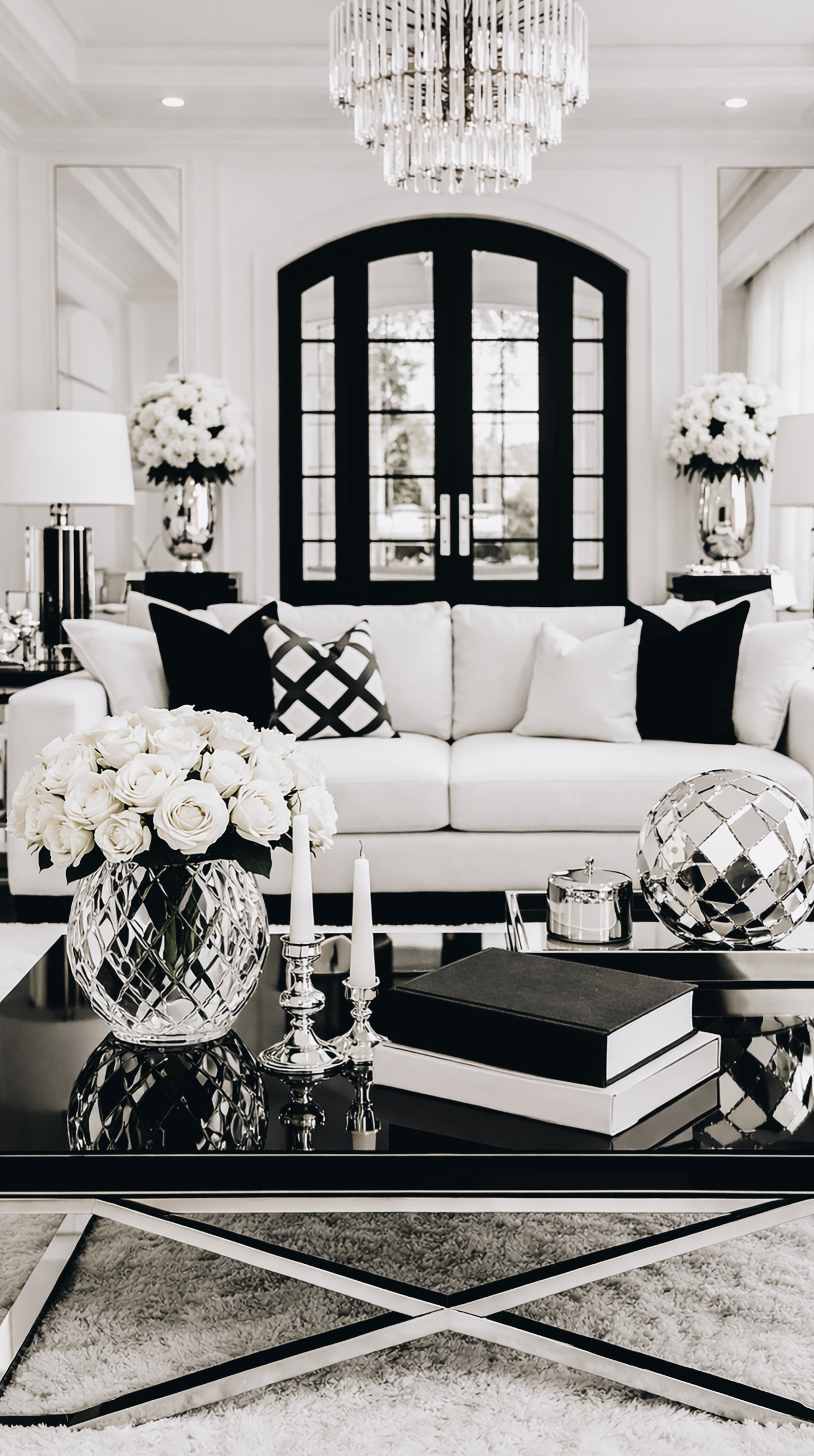 Black, white, and silver luxury living room with white sofa, mirrored decor, crystal chandelier, black French doors, and elegant modern mansion styling