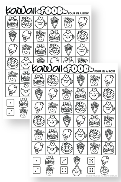 Cute food tic tac toe style printable featuring kawaii snacks like burgers, fries, donuts, and ice cream for kids.