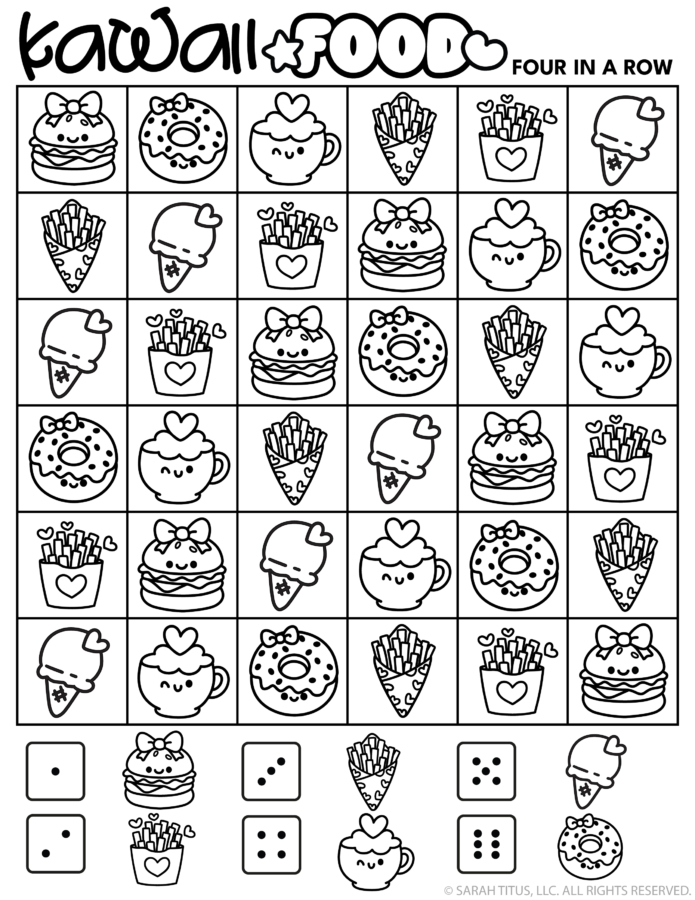 Kawaii food four in a row printable game with cute burger, donut, fries, ice cream, and drink doodles.