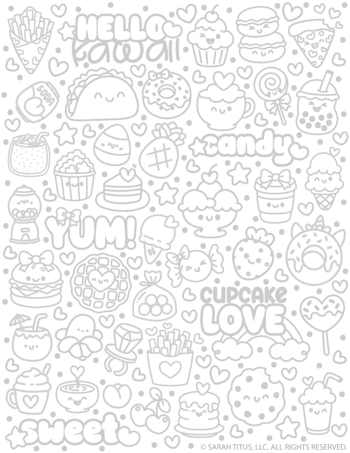 Kawaii food hand lettering practice sheet with cute doodles like cupcakes, donuts, candy, fries, and sweet-themed words for coloring.