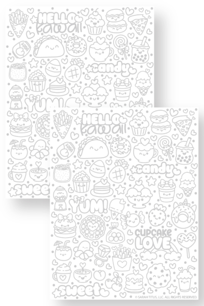 Cute food doodle and hand lettering printable featuring kawaii snacks, desserts, and words like yum, candy, and cupcake for practice and coloring.