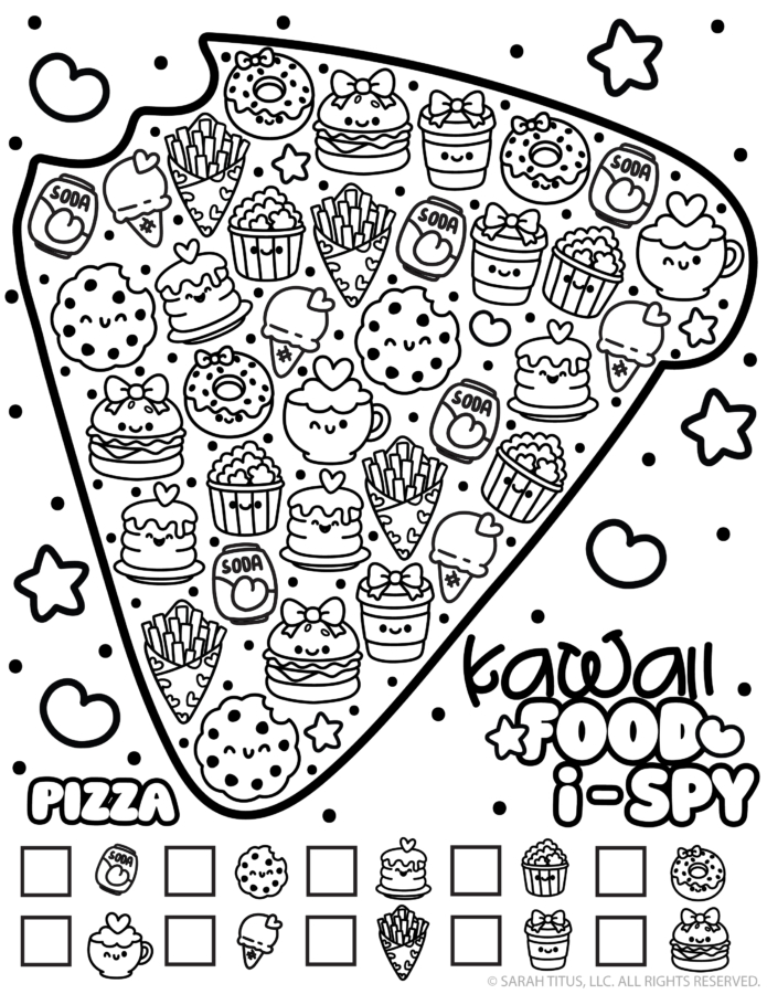 Kawaii food I spy printable featuring a pizza slice filled with cute snacks like donuts, fries, cupcakes, and soda cans.