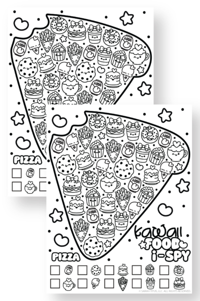 Cute pizza-themed I spy game with kawaii food illustrations including burgers, popcorn, fries, donuts, and drinks for kids activity.