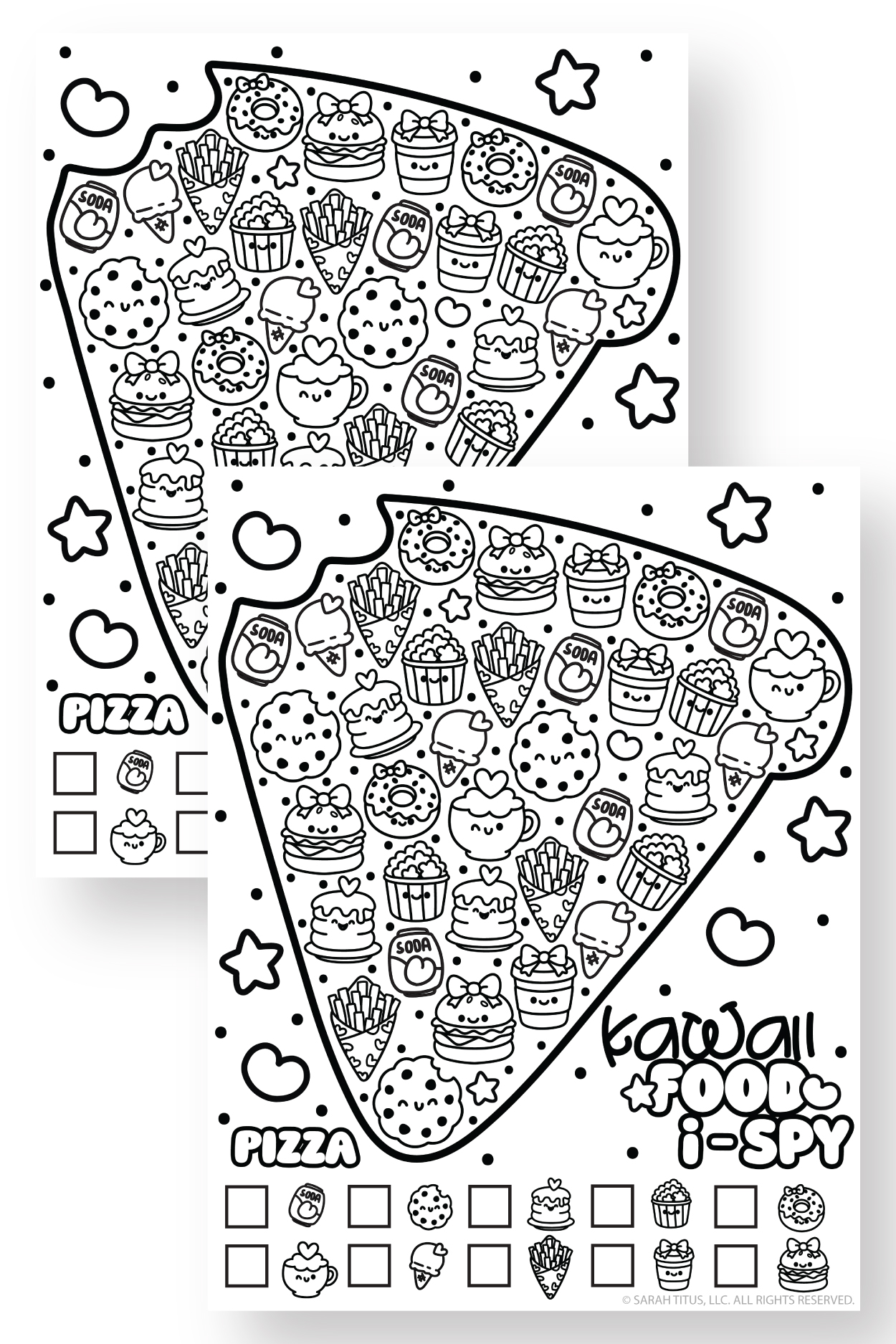 Cute pizza-themed I spy game with kawaii food illustrations including burgers, popcorn, fries, donuts, and drinks for kids activity.