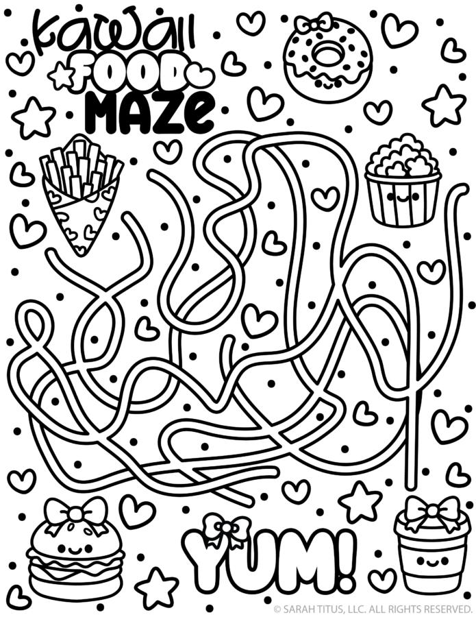Kawaii food maze printable with cute fries, donut, cupcake, and burger in a fun kids maze activity.