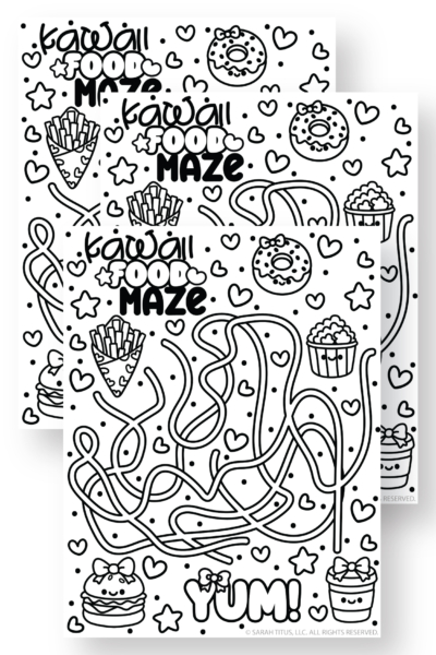 Cute food maze coloring page featuring kawaii snacks like fries, donut, cupcake, and burger with a tangled path puzzle for kids.