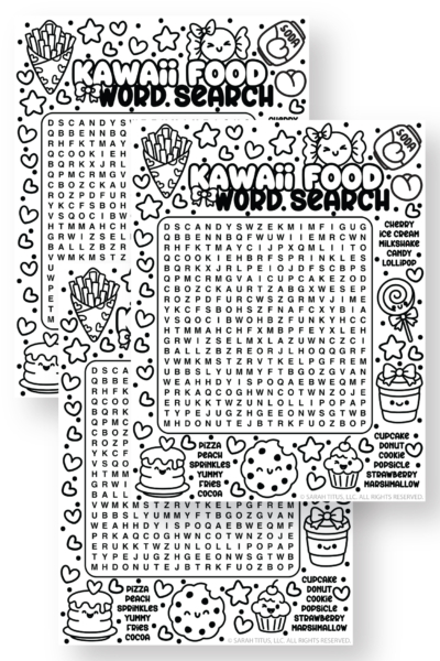Cute food word search puzzle featuring kawaii treats like ice cream, milkshake, lollipop, cupcake, and cookies with a kids activity grid.