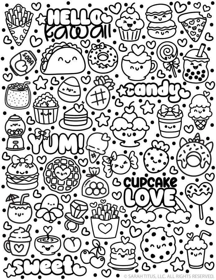 Kawaii food stickers printable with cute doodles like cupcakes, donuts, fries, candy, and sweet treats for coloring and crafting.