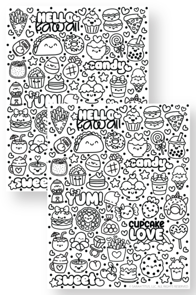 Cute food sticker sheet featuring kawaii snacks like ice cream, cookies, burgers, drinks, and candy with fun words like yum and sweet.