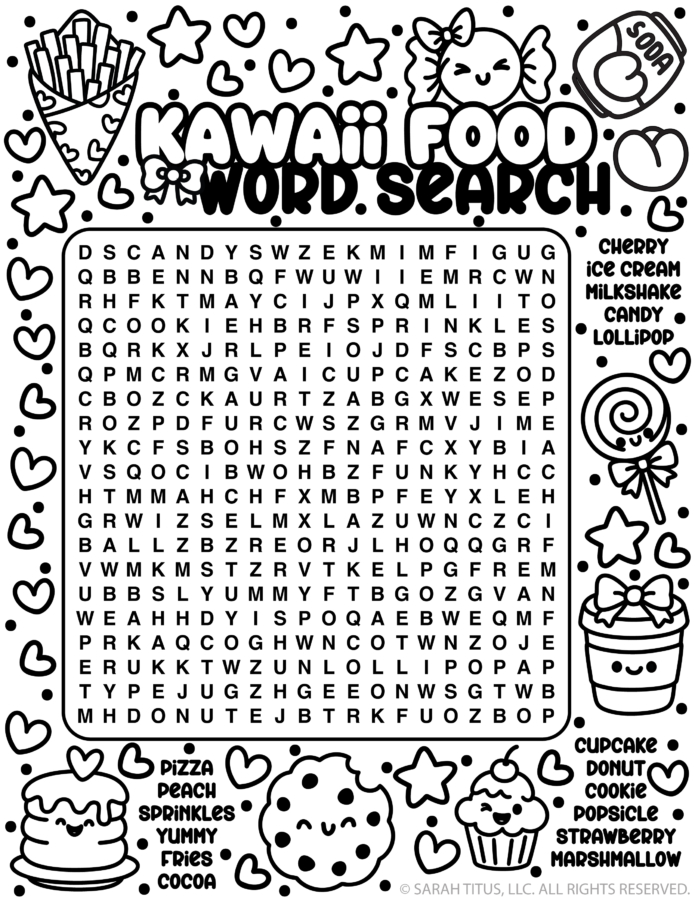 Kawaii food word search printable with cute snacks like cupcake, donut, cookie, fries, and candy in a fun puzzle for kids.